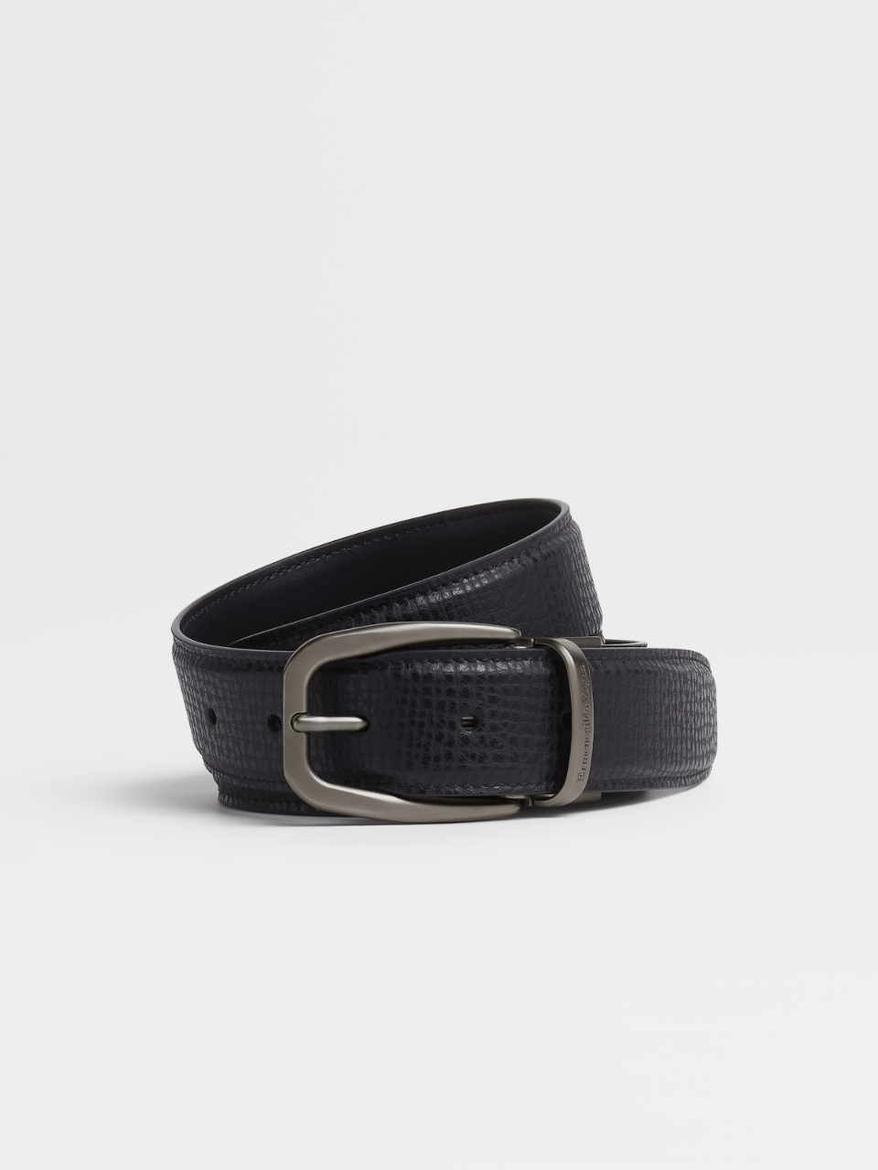 Black Engraved Leather and Black Smooth Leather Reversible Belt